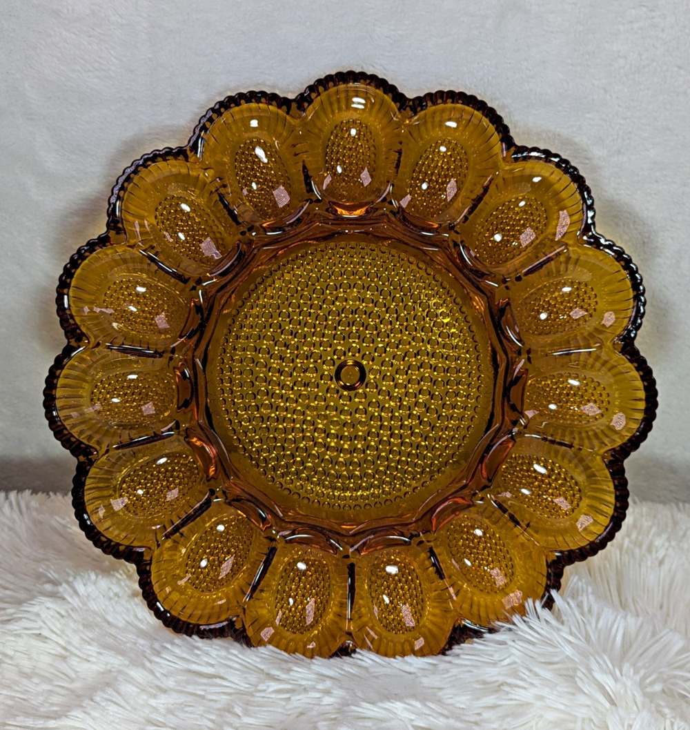 Vintage Indiana Glass Amber Hobnail Deviled Egg Plate Dish 11" Mid Century